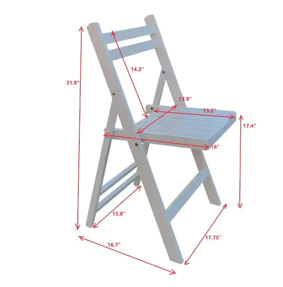 White slatted wood folding event chair with dimensions highlighted in red arrows