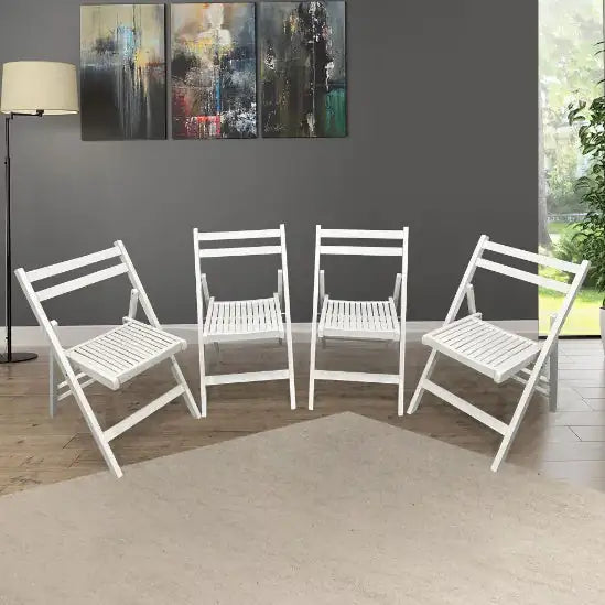White slatted wood folding event chair set of four arranged in modern indoor space