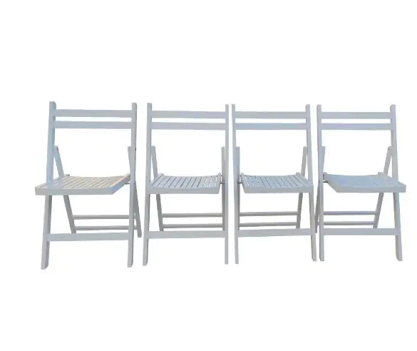 White slatted wood folding event chairs arranged in a row with simple backrest design