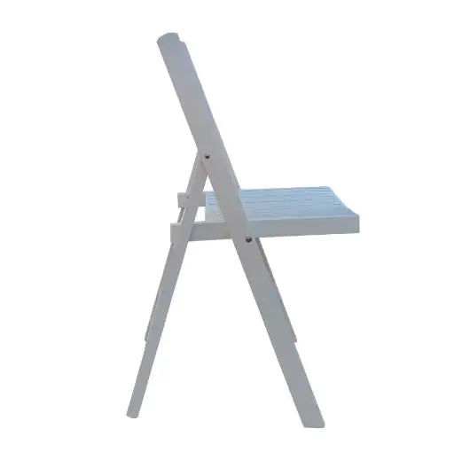 White slatted wood folding event chair with simple design for easy transport and setup