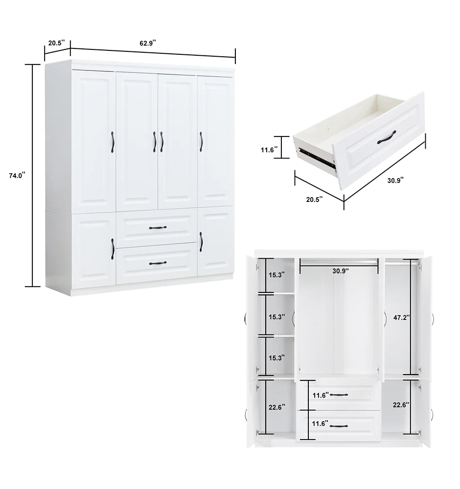White solid wood wardrobe closet with multiple doors drawers and shelving dimensions shown
