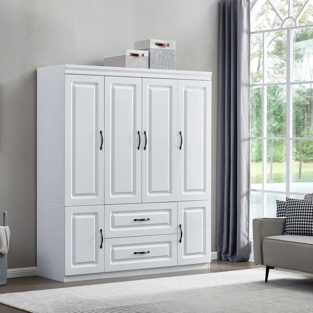White solid wood wardrobe closet with multiple doors and drawers in a modern living room