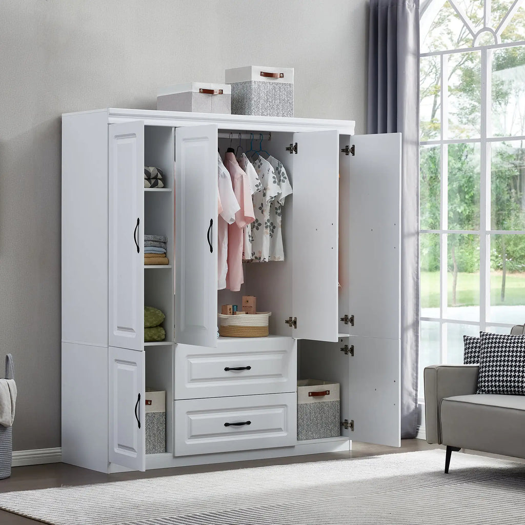 White solid wood wardrobe closet with multiple doors, drawers, and hanging space in a modern bedroom