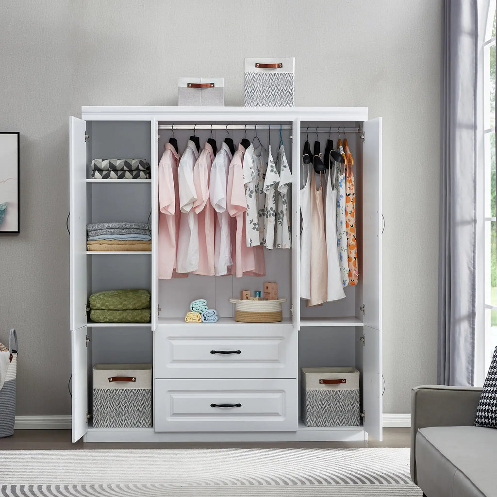 White solid wood wardrobe closet with open doors showing hanging clothes, shelves, and drawers