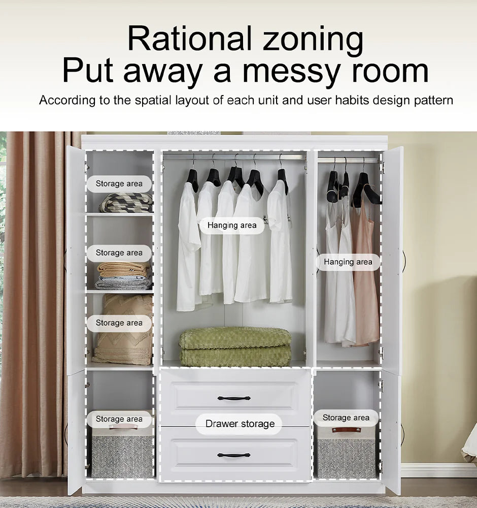 White solid wood wardrobe closet with multiple storage areas hanging sections and drawer storage