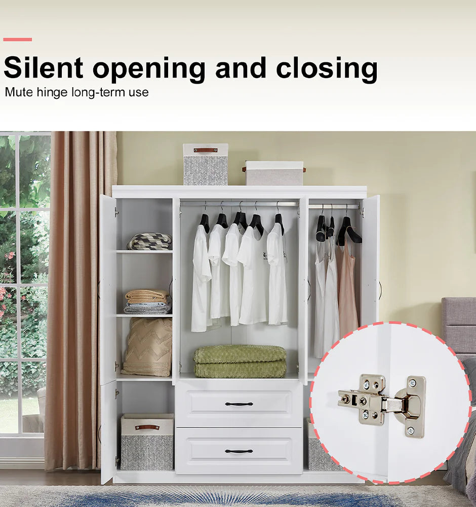 White solid wood wardrobe closet with silent hinge, open doors, hanging clothes, and drawers