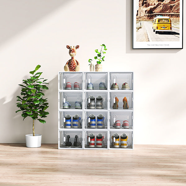 Shopi Vella white stackable shoe box set organizing multiple pairs of shoes in clear front boxes
