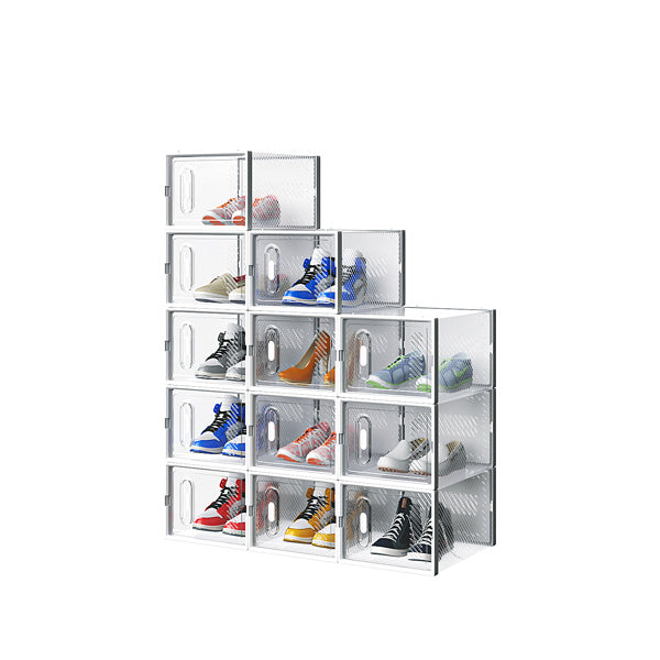 Shopi Vella white stackable shoe box set with multiple compartments storing various sneakers