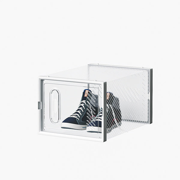 Shopi Vella white stackable shoe box set with transparent front door holding black high-top sneakers
