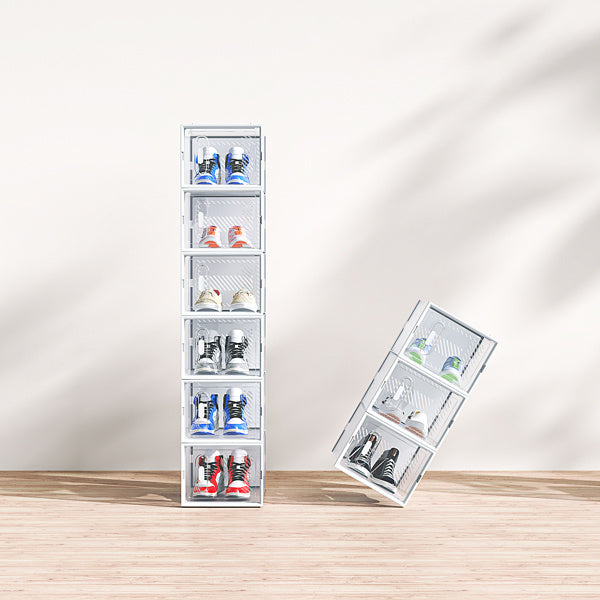 Shopi Vella white stackable shoe box set holding various pairs of sneakers in clear front boxes
