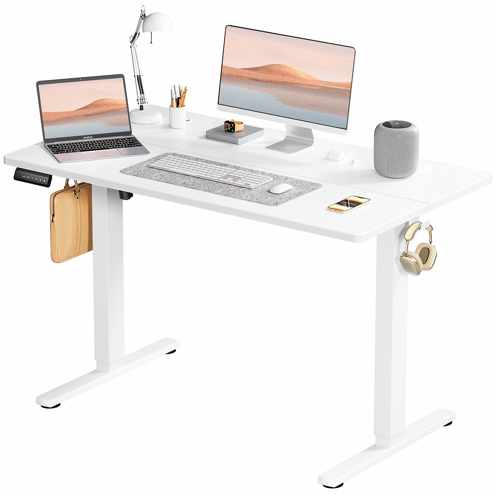 Shopi Vella white standing desk for home office with adjustable height, dual monitors, and organized workspace