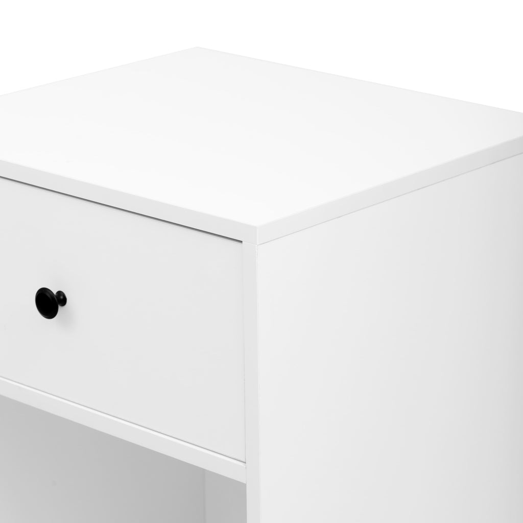 Shopi Vella white storage cabinet with drawers featuring a black knob handle for clothing storage