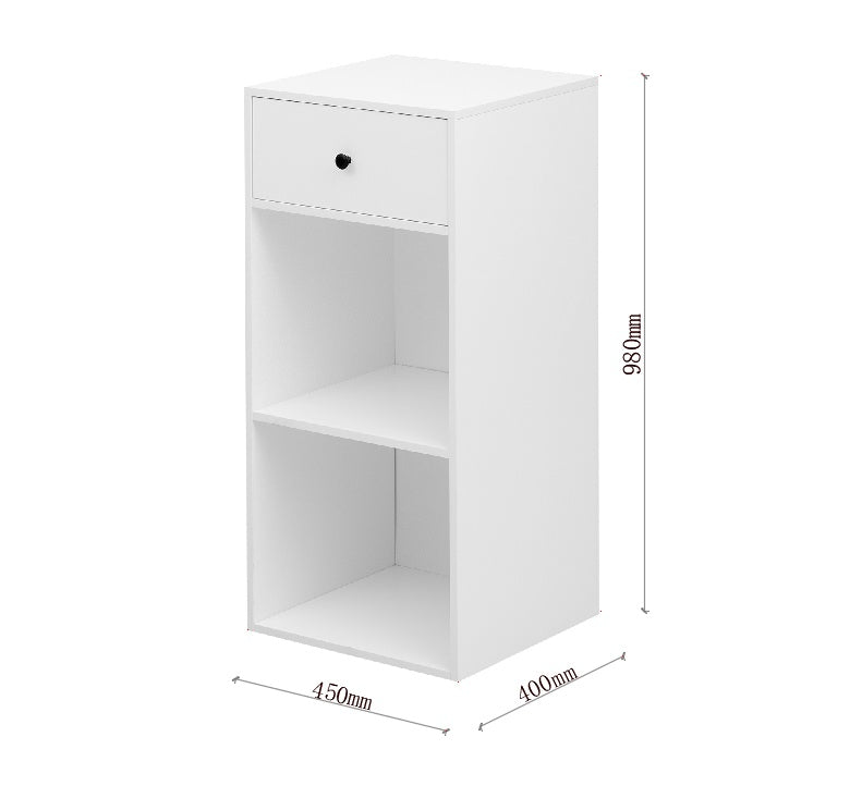 Shopi Vella white storage cabinet with drawers featuring one drawer and two open shelves for clothing storage