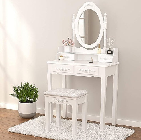 Shopi Vella white vanity table with mirror and cushioned stool perfect for girls bedroom furniture set