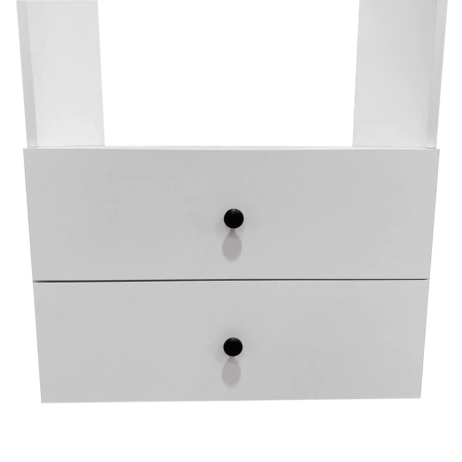 White wall mounted bathroom shelves with two drawers and black round knobs