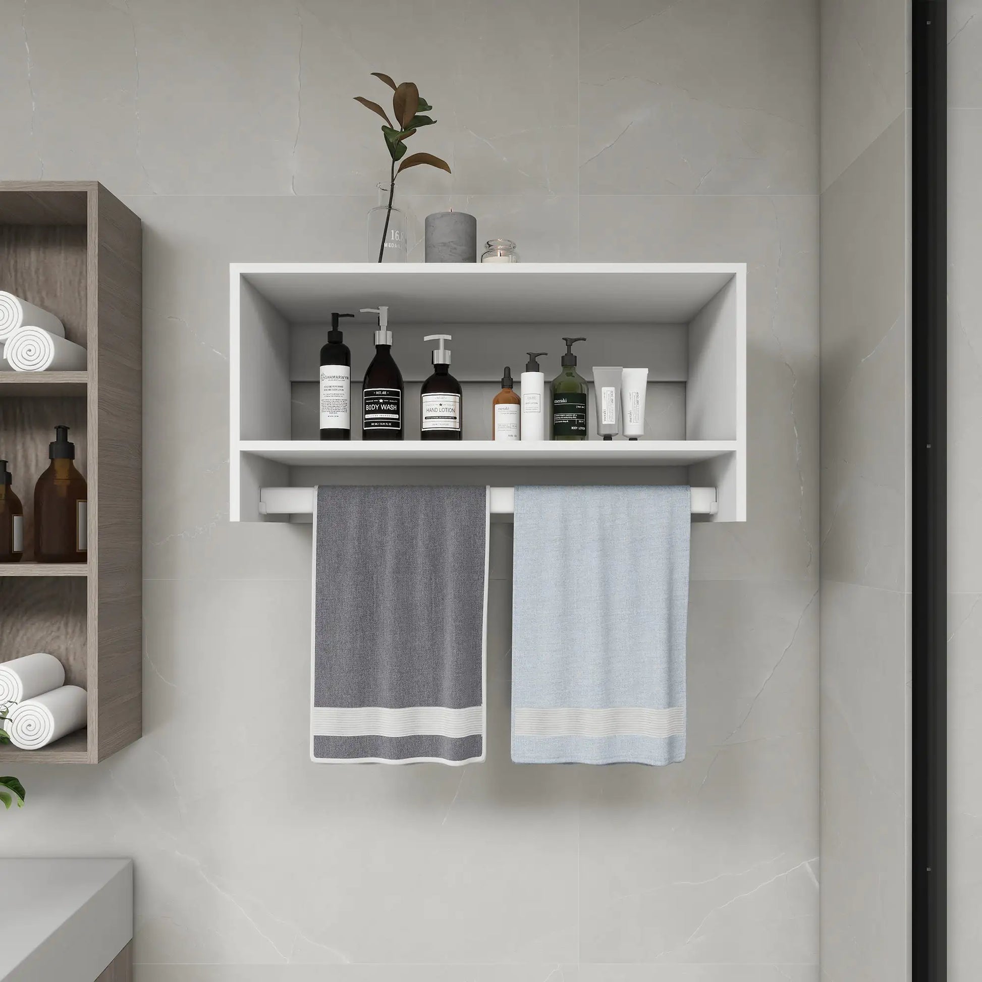 White wood closet shelves for walk in closet mounted on wall holding toiletries and hanging towels