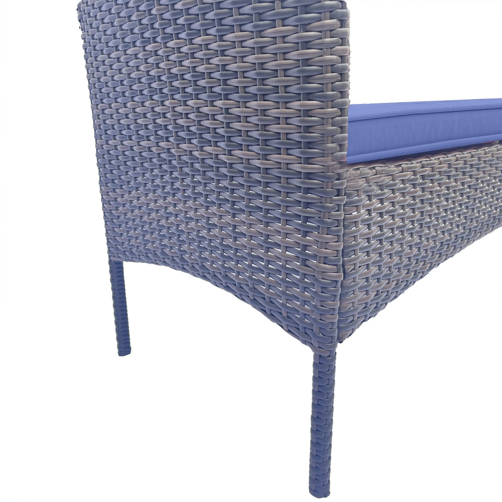 Close-up view of Shopi Vella blue wicker patio furniture set chair with detailed woven texture