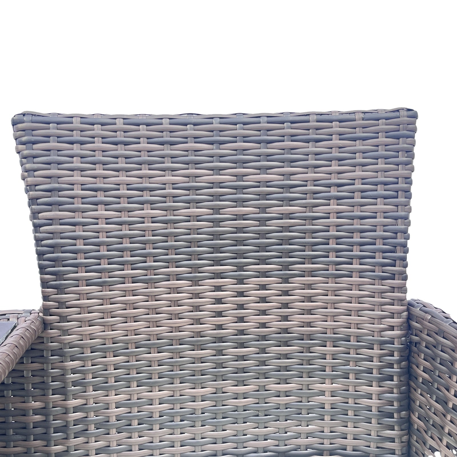 Close-up of woven wicker patio furniture set chair back showing detailed craftsmanship