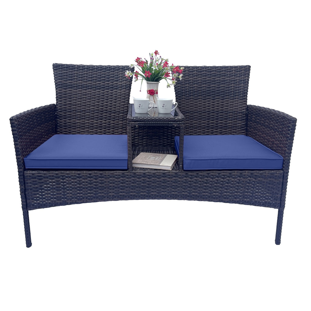 Shopi Vella wicker patio furniture set with dark brown woven design and blue seat cushions with center table