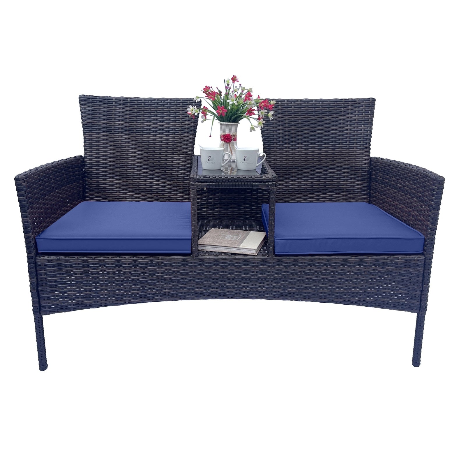 Shopi Vella wicker patio furniture set with dark brown woven design and blue seat cushions with center table