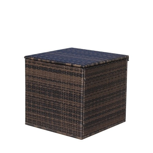 Shopi Vella wicker patio storage box with a dark brown woven rattan design and flat lid