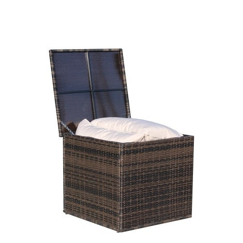 Shopi Vella wicker patio storage box with an open lid storing white cushions
