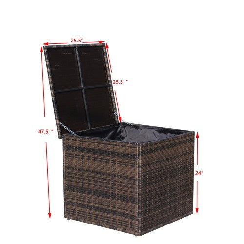 Shopi Vella wicker patio storage box in brown with open lid showing spacious interior and dimensions