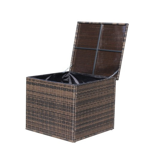 Shopi Vella wicker patio storage box in brown with hinged lid open for outdoor furniture storage