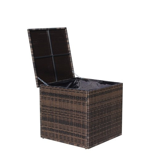 Shopi Vella wicker patio storage box with dark brown woven design and open lid