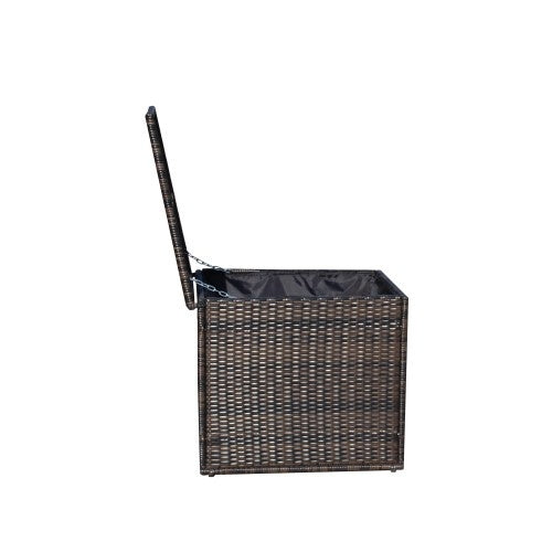 Shopi Vella wicker patio storage box open with dark woven design for outdoor furniture storage