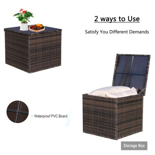 Shopi Vella wicker patio storage box with waterproof PVC board shown closed and open with cushions inside