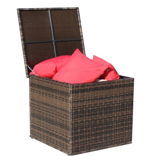 Shopi Vella wicker patio storage box in brown with open lid and red cushions inside