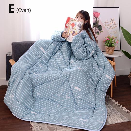 Shopi Vella winter quilt with sleeves in cyan color featuring striped and heart patterns for cozy warmth