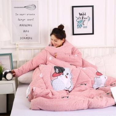 Shopi Vella pink winter quilt with sleeves featuring cat designs for cozy warmth