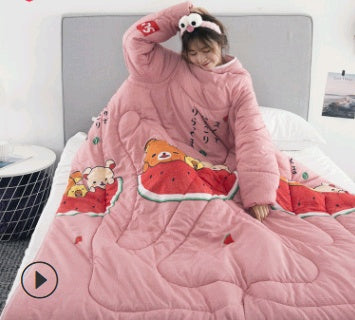 Shopi Vella pink winter quilt with sleeves featuring cute cartoon bear and watermelon design