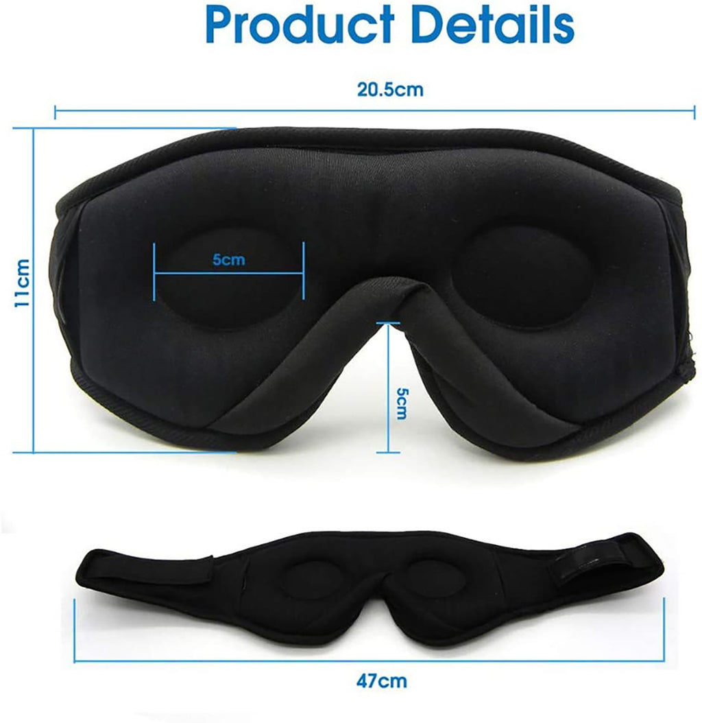 Black wireless sleep eye mask with headphones showing product dimensions and contour eye cushioning