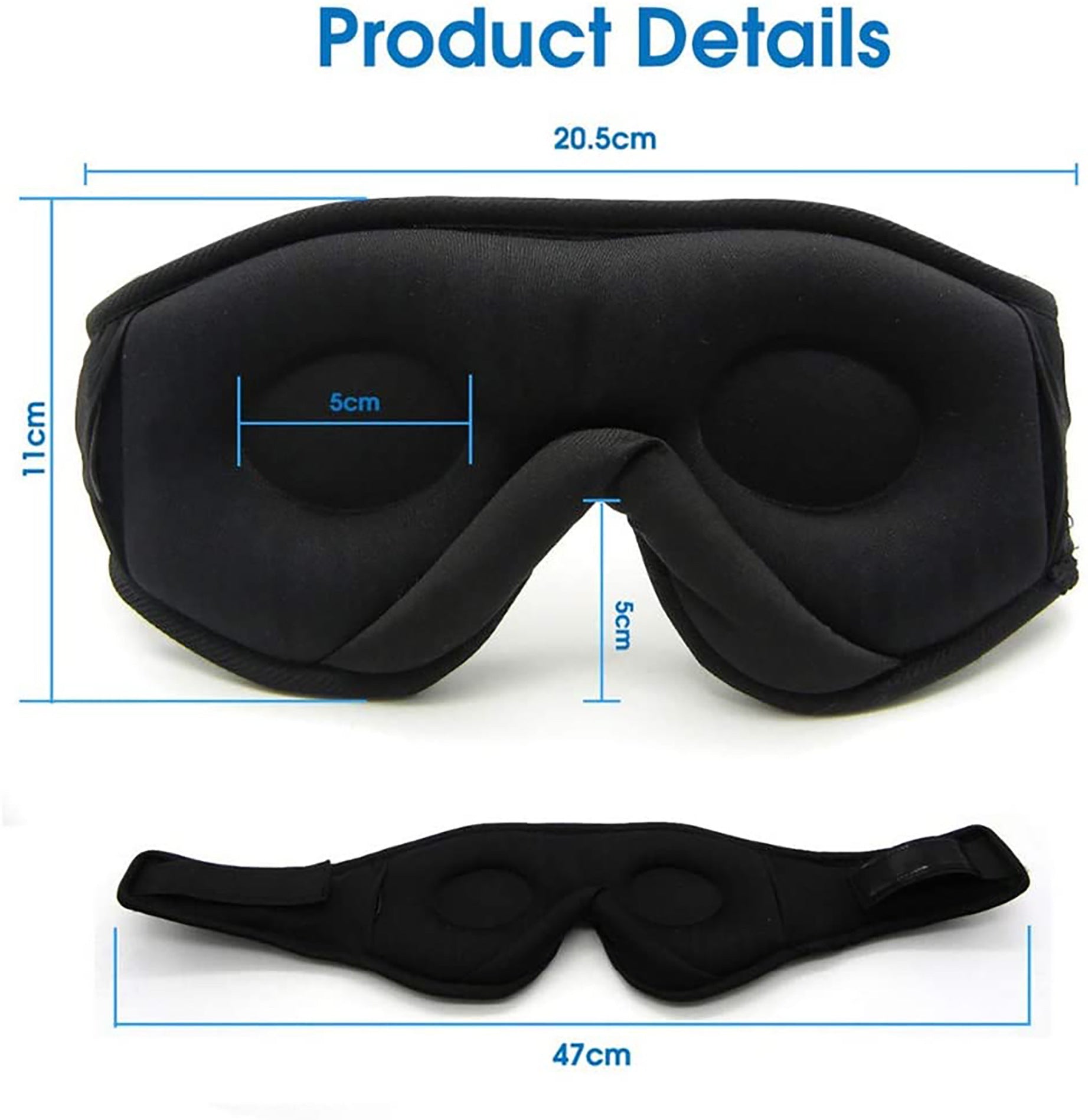 Black wireless sleep eye mask with headphones showing product dimensions and contour eye cushioning