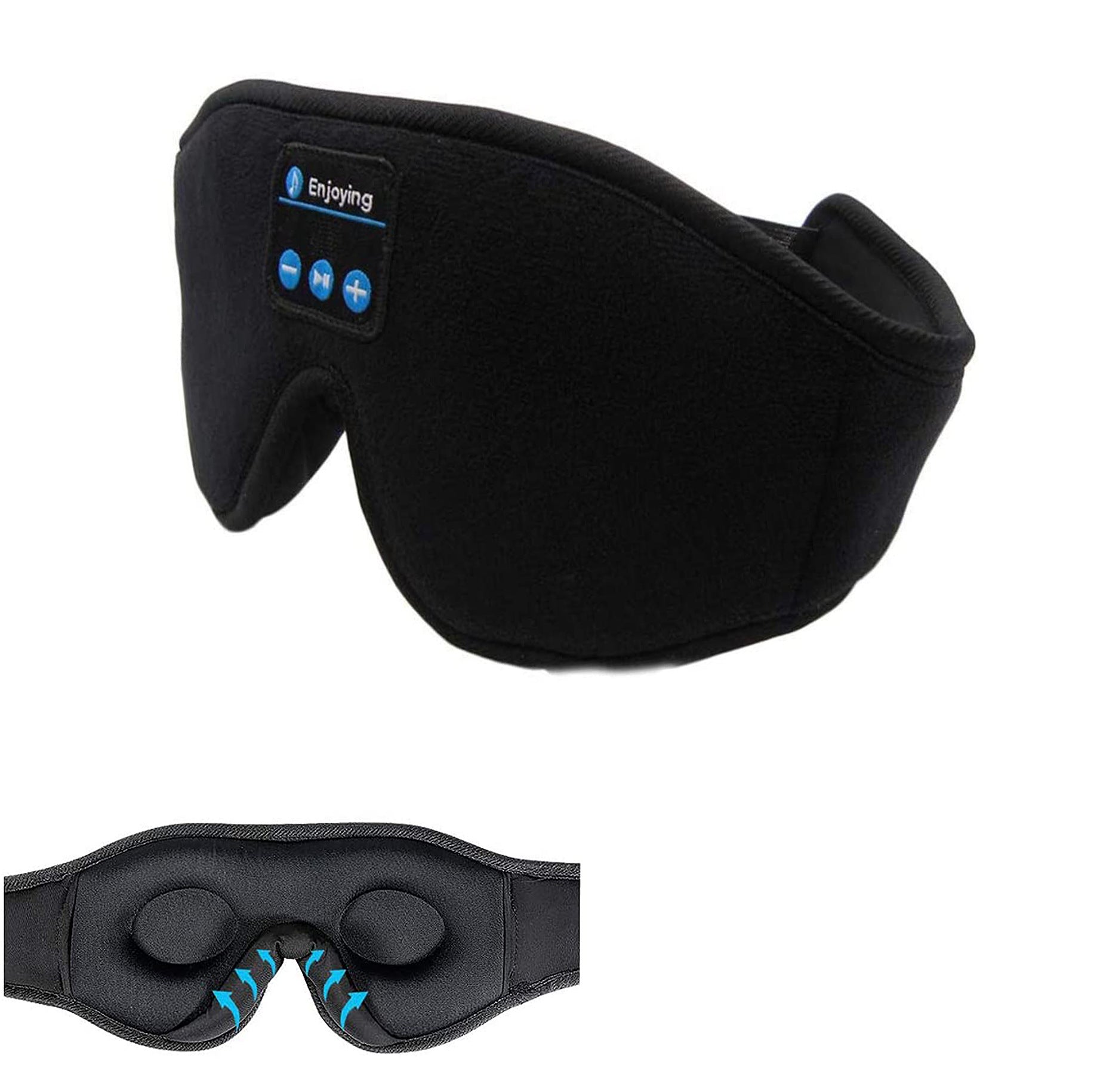 Shopi Vella black wireless sleep eye mask with headphones featuring built-in controls and comfortable padding