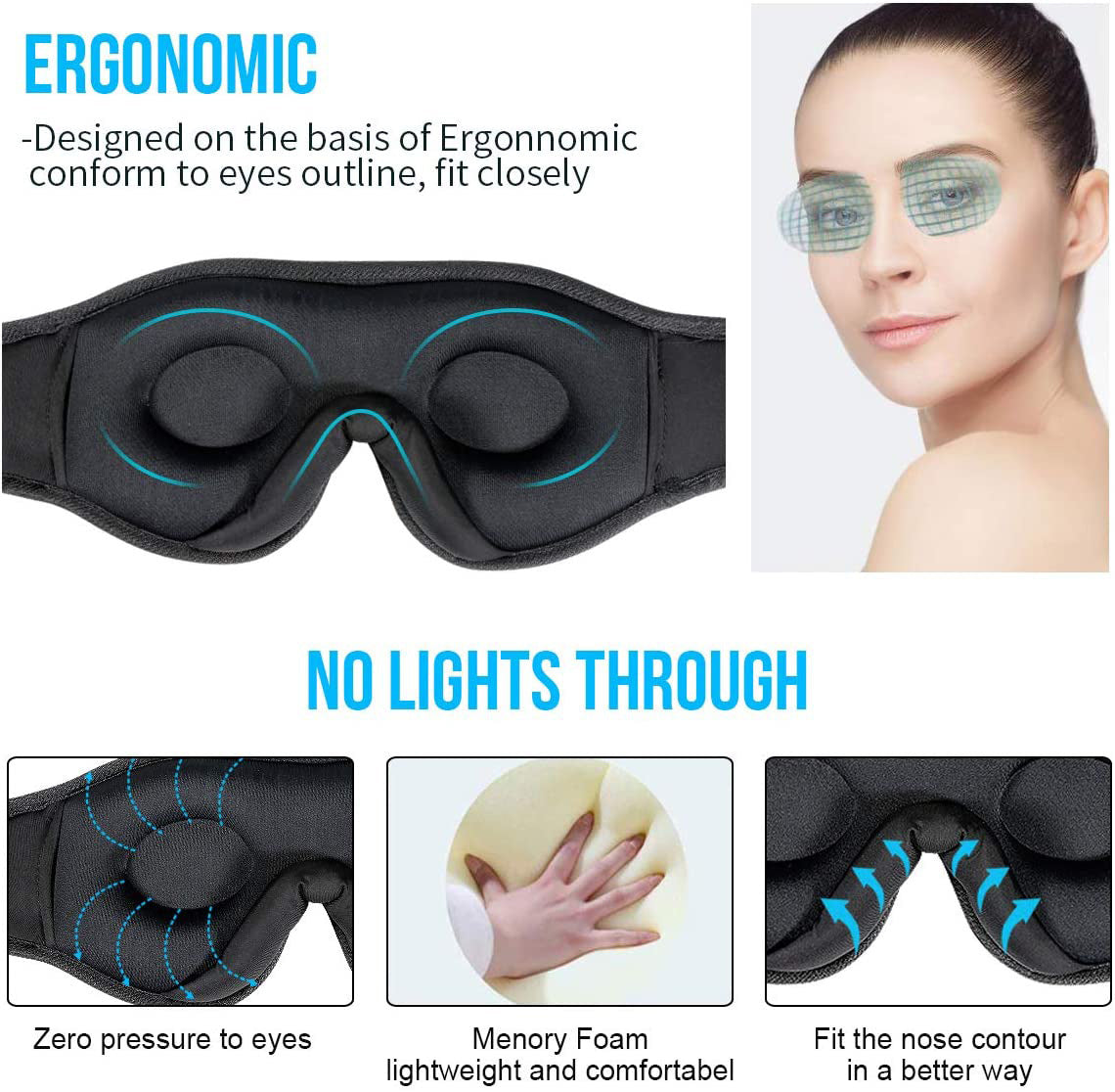 Shopi Vella ergonomic wireless sleep eye mask with headphones featuring memory foam and no light through design