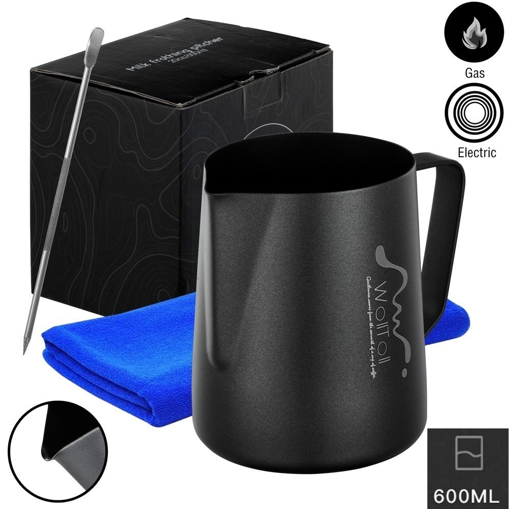 Shopi Vella stainless steel milk frothing pitcher 600ML with black finish, cleaning cloth, and metal spoon