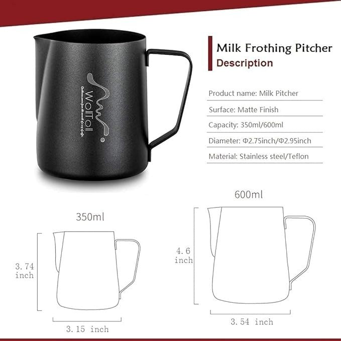 Shopi Vella stainless steel milk frothing pitcher with matte finish and 350ml and 600ml capacity options