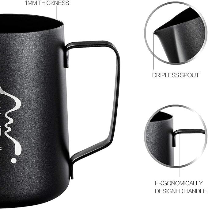 Shopi Vella stainless steel milk frothing pitcher with dripless spout and ergonomic handle