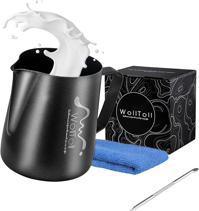 Shopi Vella stainless steel milk frothing pitcher with measuring spoon, blue cloth, and black packaging