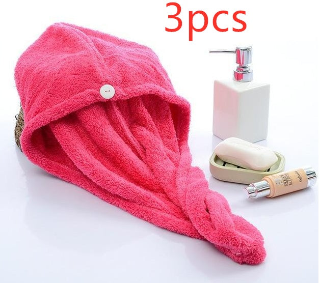 Pink women's hair drying towel with button closure and bathroom accessories set of 3