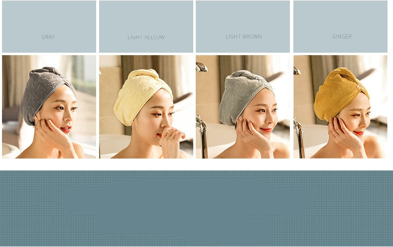 My Store women's hair drying towel in gray light yellow light brown and ginger colors modeled on woman
