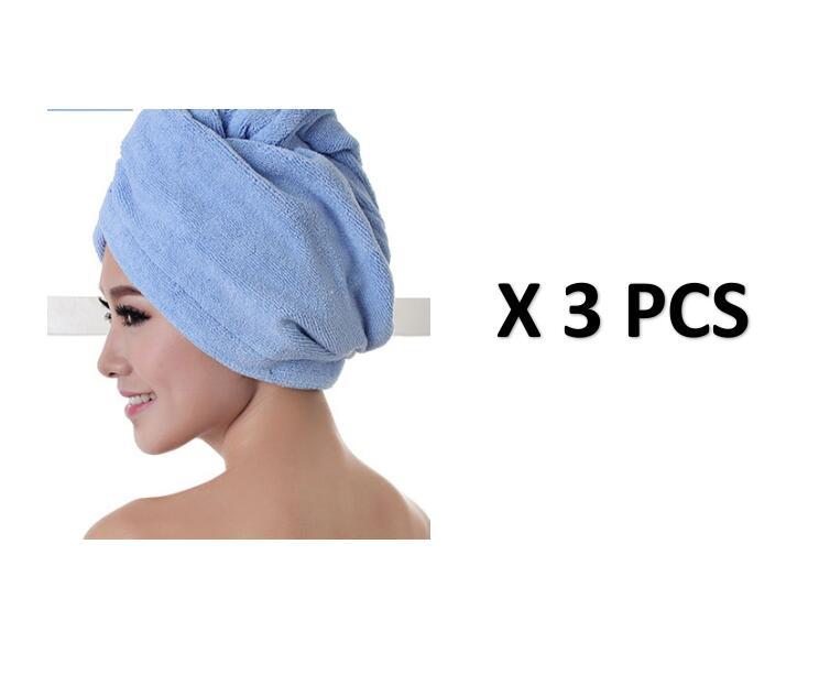Soft blue women's hair drying towel wrapped around head shown from side with three pieces