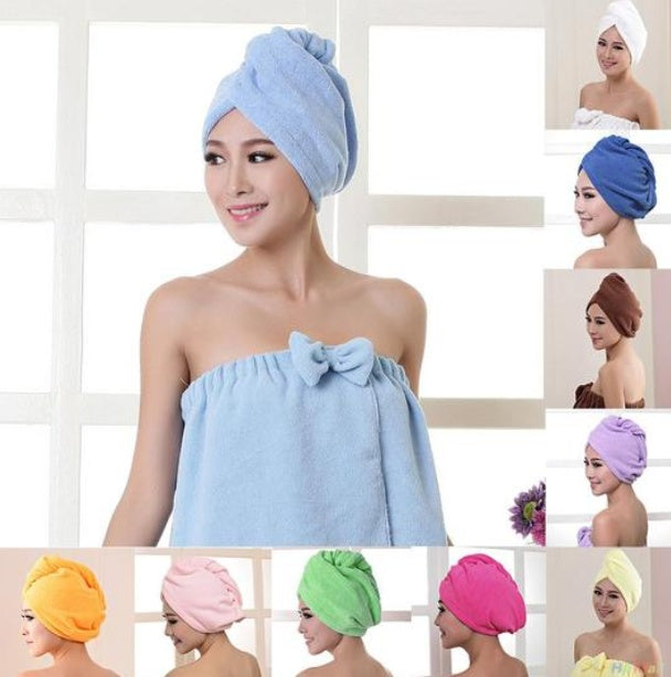 Women's hair drying towel in multiple colors wrapped on women’s heads, soft and absorbent material