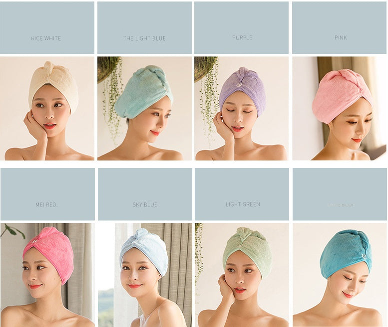 Women wearing colorful women's hair drying towel wraps in various colors including white, blue, purple, pink, red, green