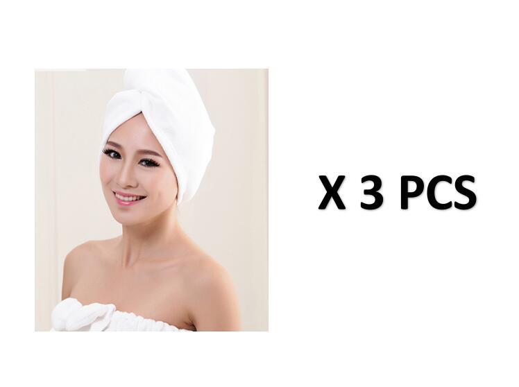 Set of 3 women's hair drying towels in white, designed for quick and gentle hair drying