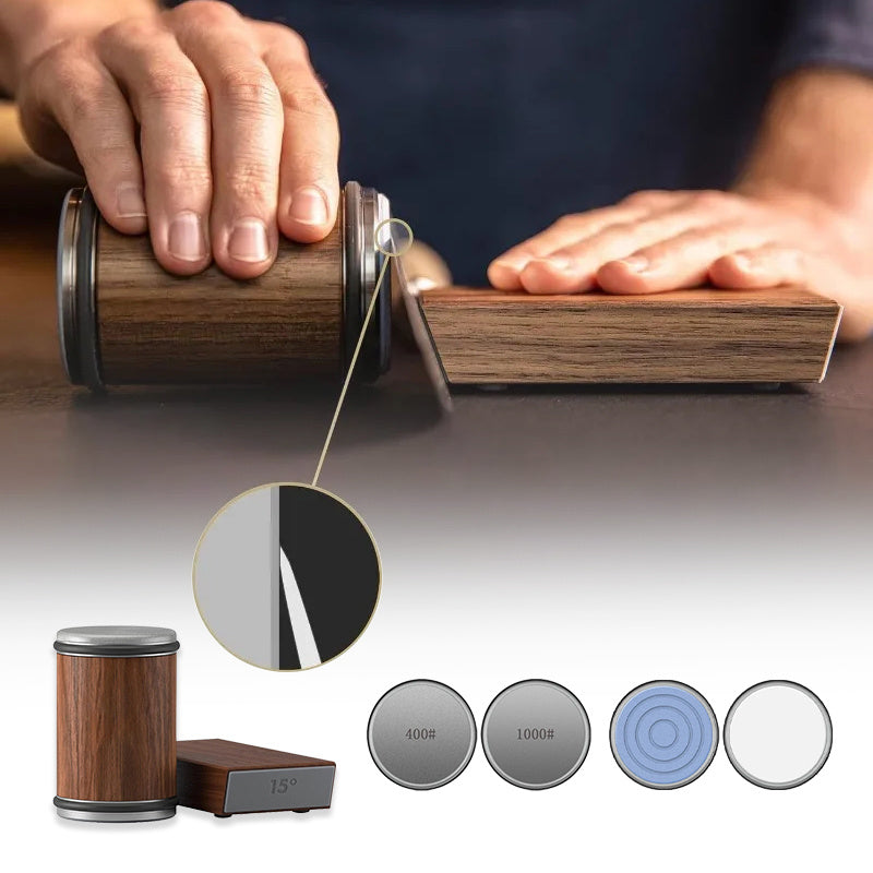 Shopi Vella adjustable angle kitchen sharpener with wooden handle and multiple sharpening grits